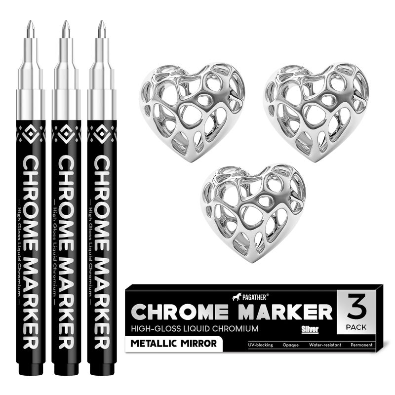 Pagather 3Pcs Chrome Paint Markers, Silver Permanent Mirror Liquid Chrome Pens for Plastic, Metal, Model, Jewelry, Wheel Painting, Touch Up & Repair Kit, DIY Art Projects - Image 1