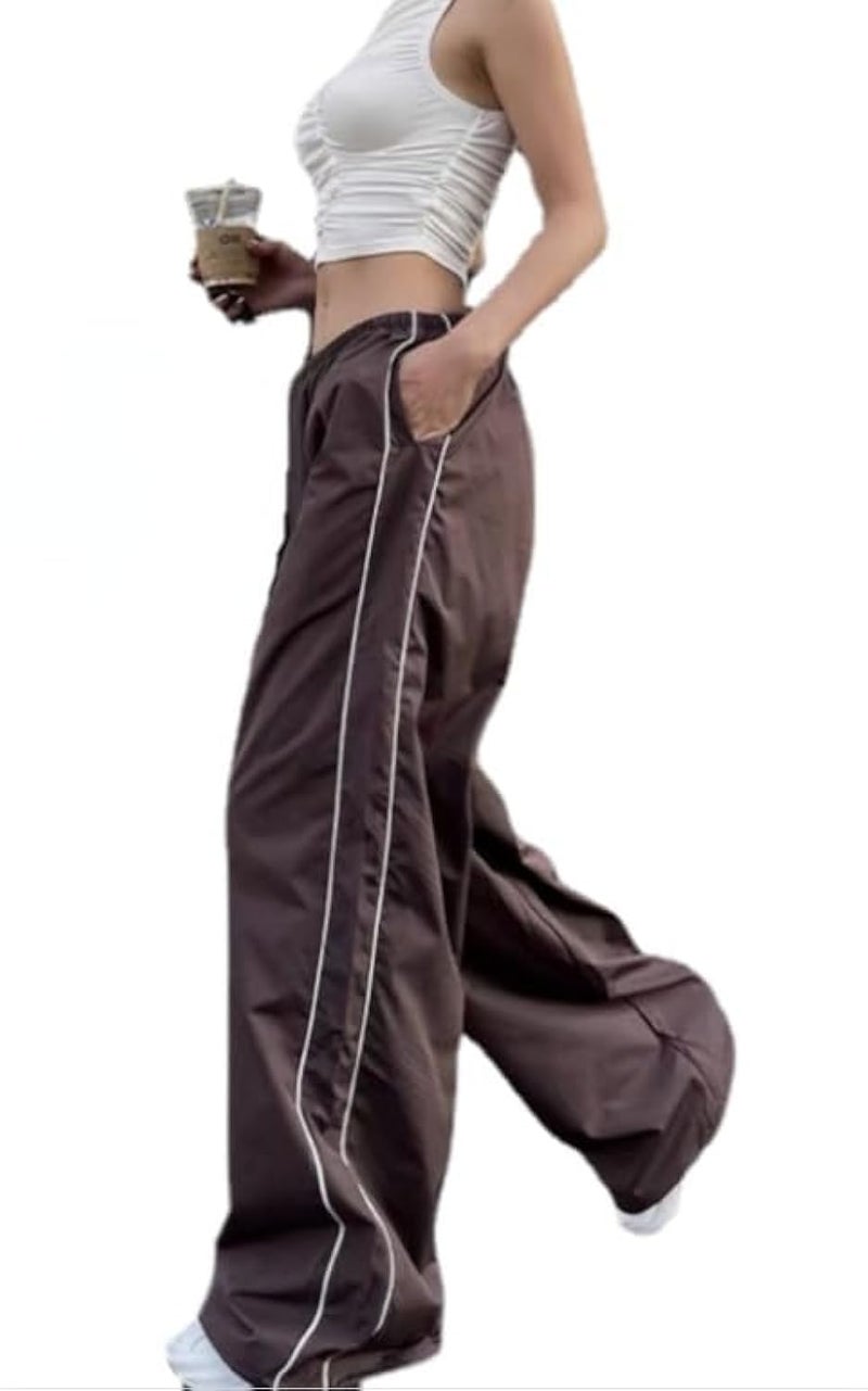 XPONNI Women's Baggy Y2K Parachute Track Pants (Brown, M, Medium) - Image 1