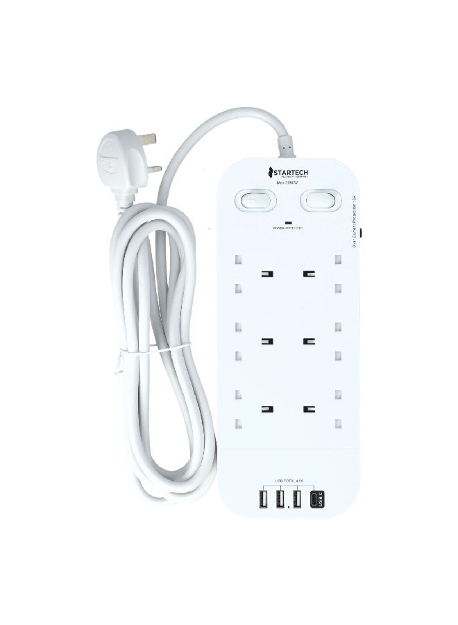 StarTech 6-Outlet Power Strip Extension Cord with 3-USB White 40 x 6.5 x 22 cm HN6089 - Image 2