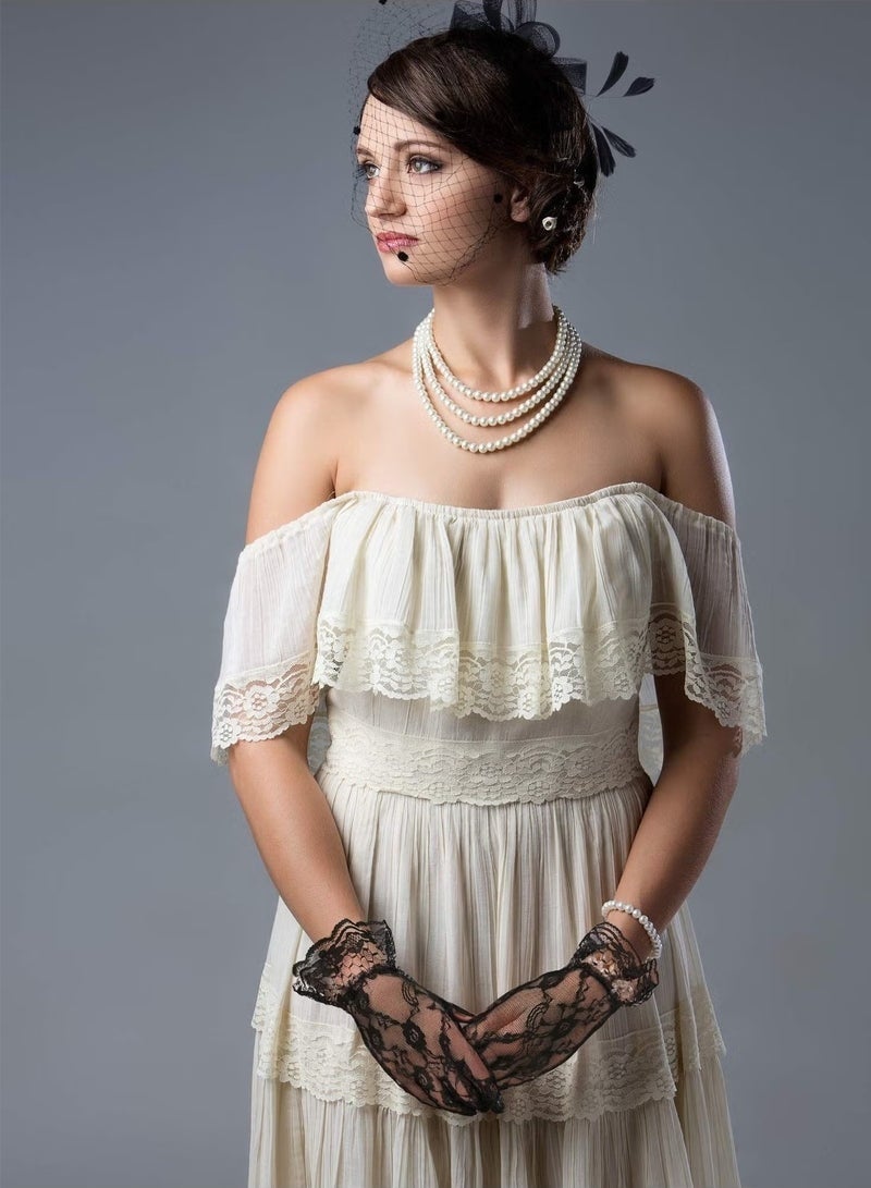 قبعة نسائية أنيقة، قبعة صغيرة مزينة بريش صناعي، طوق رأس شبكي، وقفازات دانتيل قصيرة مزينة بنقوش زهرية، مثالية لحفلات الشاي وحفلات الزفاف والكوكتيل. - Image 3