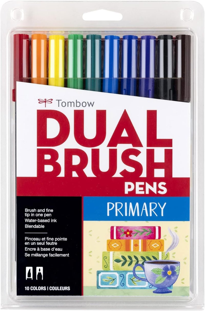 Tombow Dual Water Based Markers, Twin Tip, Primary Palette Assorted Inks, 10/Pack (56167) - Image 1