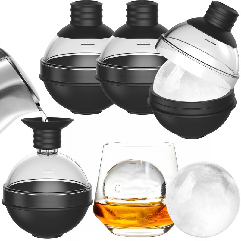TriLink Large Round Ice Ball Maker Mold Silicone for Whiskey  Set of 4 with 2in1 Funnel Lid  24 Inch Big Sphere Ice Mold for Cocktails Bourbon  Easy Release  Perfectly Round Ice Cube Tray
