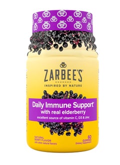 Zarbee's Naturals Elderberry Immune Support* with Vitamin C & Zinc, Natural Berry Flavor, 60 Gummies 