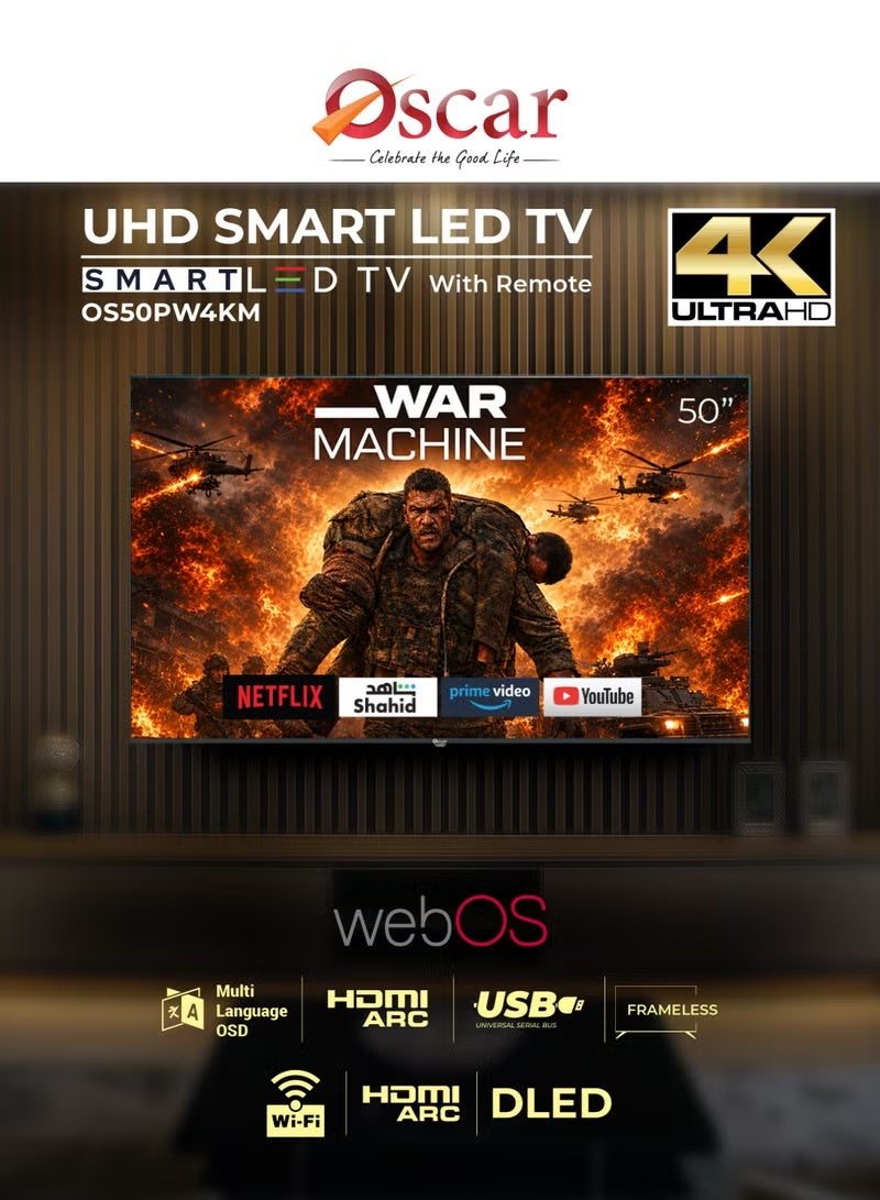 أوسكار تلفزيون أوسكار (Oscar) الذكي 50 بوصة بدقة UHD 4K ونظام WebOS | تصميم بدون إطار، شاشة Full HD، تقنيتا Miracast وApple AirPlay مدمجتان، متوافق مع Apple Home، يدعم اللغتين العربية والإنجليزية، تلفزيون بحواف نحيفة - - Image 2