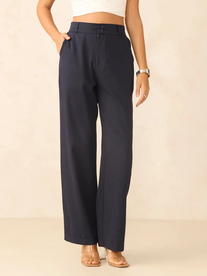 أوجيدر Navy Blue Tapered Fit High-Rise Trouser