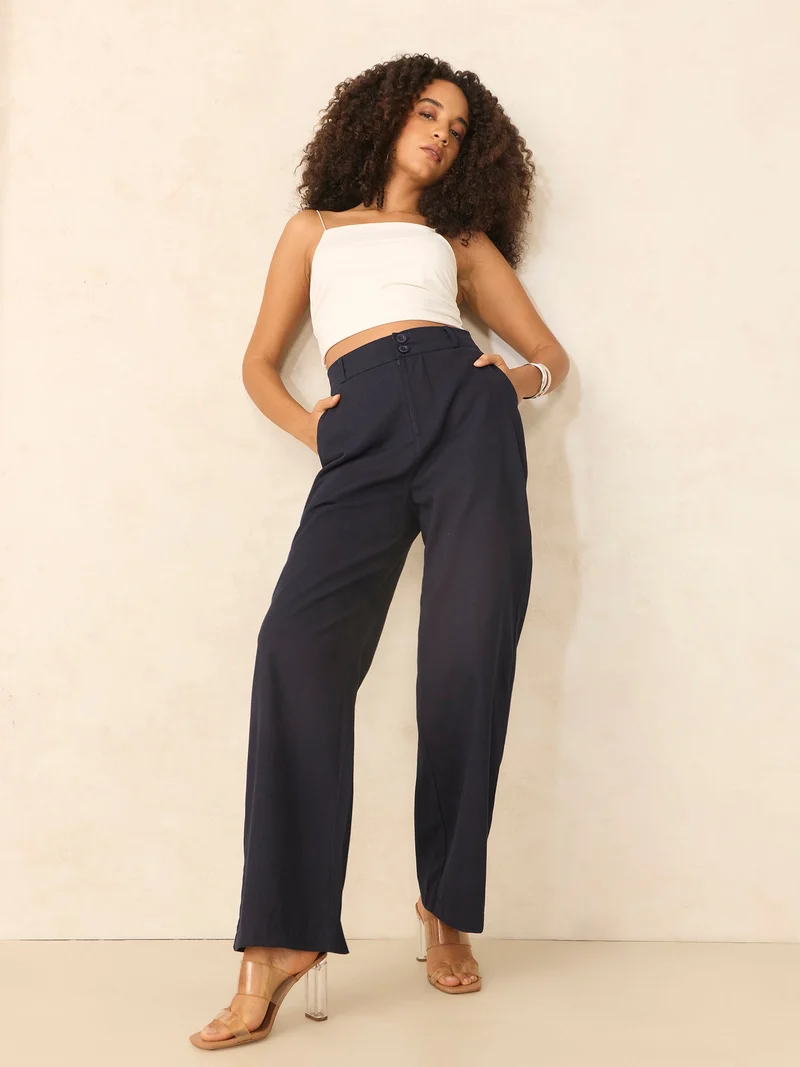 Outzidr  Navy Blue Tapered Fit High-Rise Trouser for Women | Best Price UAE