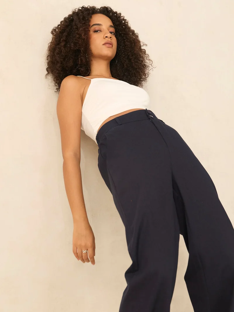 Outzidr  Navy Blue Tapered Fit High-Rise Trouser for Women | Best Price UAE