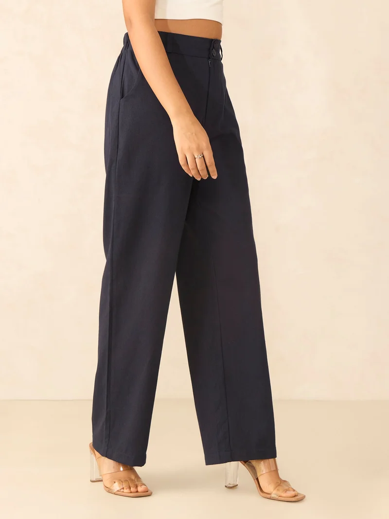 Outzidr  Navy Blue Tapered Fit High-Rise Trouser for Women | Best Price UAE