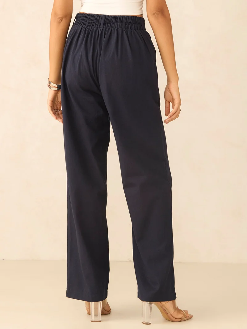 Outzidr  Navy Blue Tapered Fit High-Rise Trouser for Women | Best Price UAE