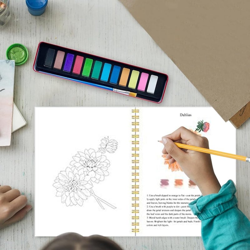 كاست ويف دفتر تمارين الرسم بالألوان المائية للمبتدئين، حجم 8.66x6.69 بوصة، مجموعة رسم مناسبة للسفر، كتاب تلوين محمول للمراهقين والبالغين، للاستخدام في المنزل وفصول الفنون - Image 4
