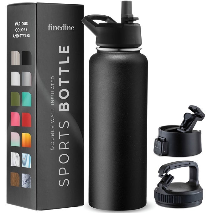 TRIPLE WALLED INSULATED WATER BOTTLES WITH STRAW 40 OZ STAINLESS STEEL METAL BOTTLE W 3 LEAK PROOF LIDS FOR TRAVEL SCHOOL SPORTS GYMMEN WOMEN KIDS INKY RAVEN BLACK