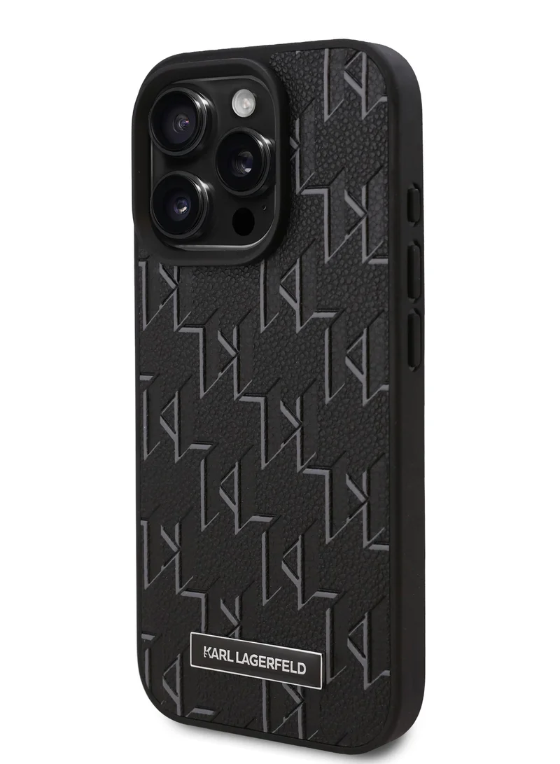 Karl Lagerfeld iPhone 16 Pro Case PU Hard Cover with Karl Lagerfeld Hot Stamp / Damage and Scratch Protection/ Comfortable Grip - Black