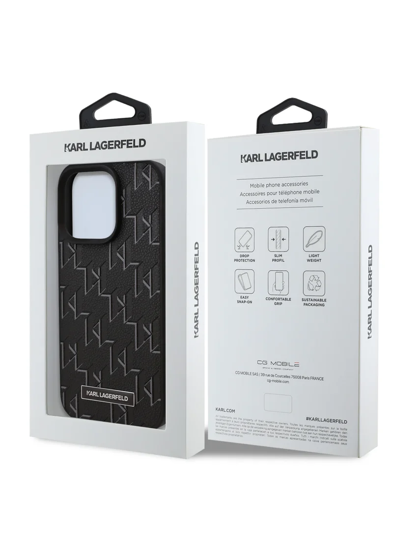 كارل لاغرفيلد جراب آيفون 16 برو من البولي يوريثان الصلب مع ختم Karl Lagerfeld الساخن / حماية من التلف والخدوش / قبضة مريحة - أسود