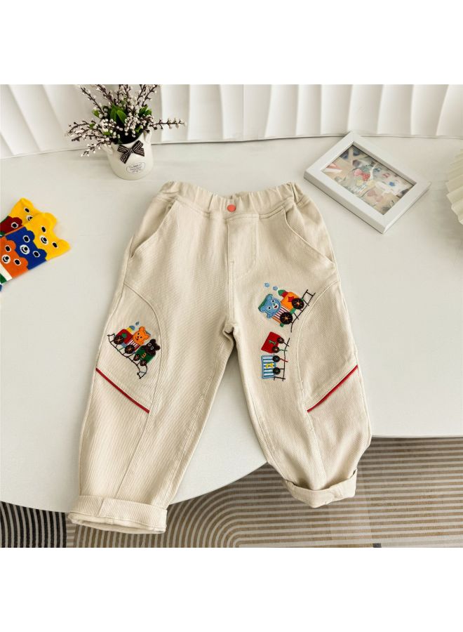 Spring/fall New Style Boys' Casual Pants Soft Cartoon Number Train Embroidered Baby Woven Long Pants