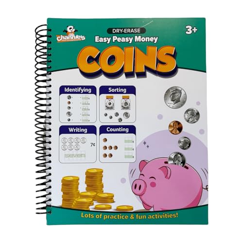 Channie's Easy Peasy Dry Erase Money Book - Fun Toddler Activity Book - Teaches Counting Coins for Kids Ages 3-5/6-8 - Pennies, Nickels, Dimes, Quarters - Money Workbooks for Kids - 65+ Pages - Image 1