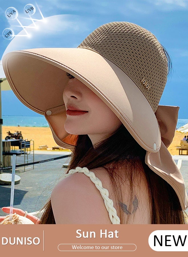 DUNISO قبعة شمس نسائية صيفية عصرية ذات حافة واسعة ووشاح كبير للحماية من الأشعة فوق البنفسجية UPF50+ قبعة شاطئ صيفية للأنشطة الخارجية والسفر على الشاطئ - Image 1