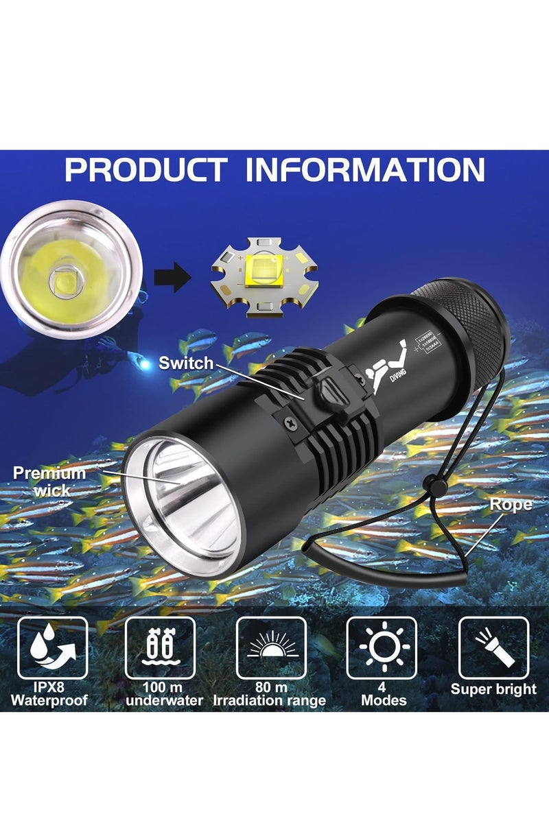 Scuba Diving Flashlight 6000 Lumen Dive Torch 4 Modes Waterproof Diving Safety Lights Underwater 80m Submarine Lights with Rechargeable Battery for Deep Sea Cave at Night - Image 2