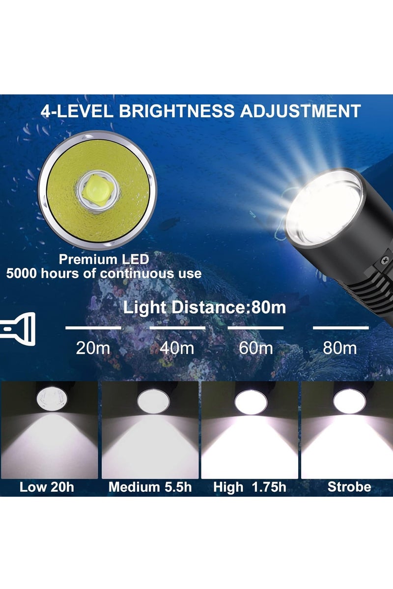 Scuba Diving Flashlight 6000 Lumen Dive Torch 4 Modes Waterproof Diving Safety Lights Underwater 80m Submarine Lights with Rechargeable Battery for Deep Sea Cave at Night - Image 3