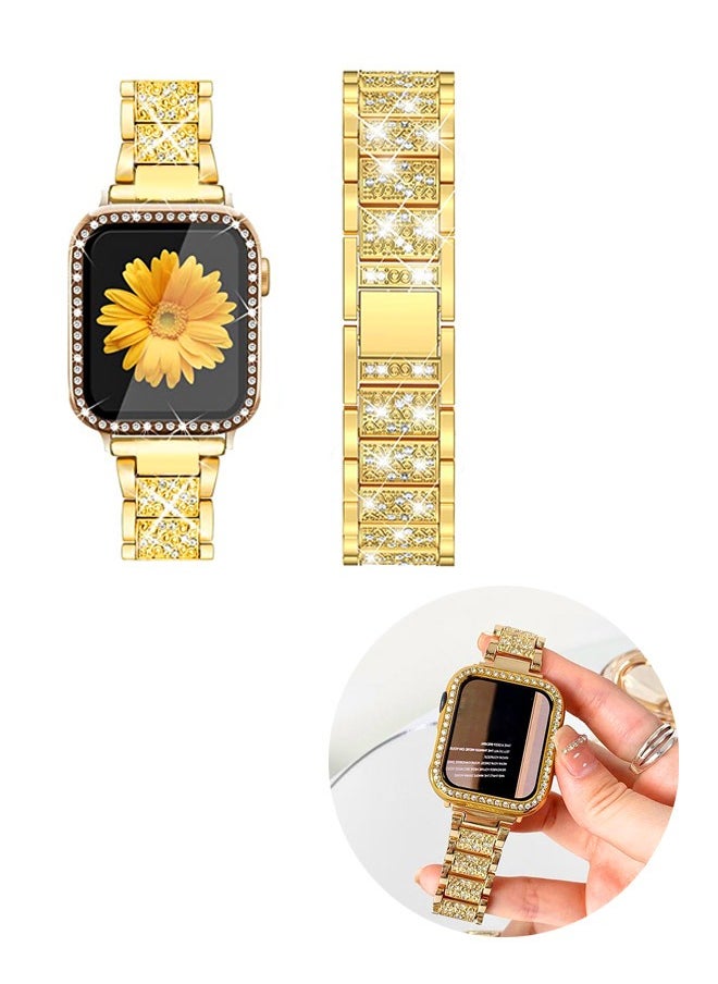 Generic Apple Iwatch 41mm Rhinestone Metal Waterproof Band and Case, Anti Fall Anti Collision Bumper Protection Case, Alloy Frame Strap Compatible with Iwatch Series 7 (Gold)  - Image 1