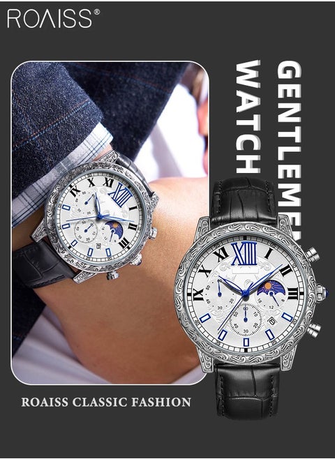 Men's Leather Strap Quartz Watches, Analog Display Round Shape Dial Watch Decorated with Carved Pattern, Waterproof Luminous Watch as Gift for Men