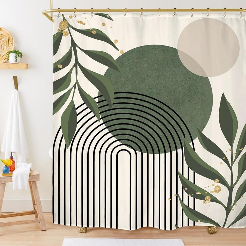 Miyotaa Abstract Sage Green Shower Curtain Set 71Wx71H Inches Minimalist Plant Aesthetic Modern Neutral Leaves Mid Century Waterproof Bathroom Curtain with 12 Hooks - Image 1