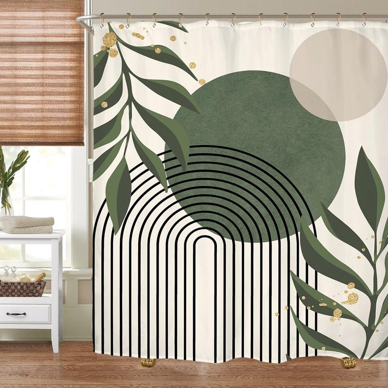 Miyotaa Abstract Sage Green Shower Curtain Set 71Wx71H Inches Minimalist Plant Aesthetic Modern Neutral Leaves Mid Century Waterproof Bathroom Curtain with 12 Hooks - Image 4