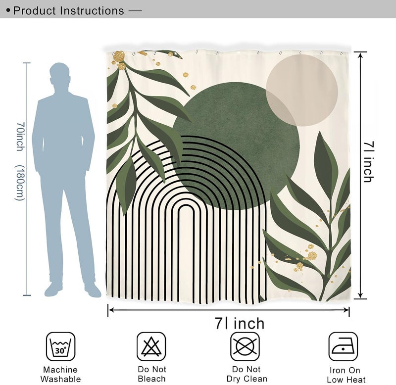 Miyotaa Abstract Sage Green Shower Curtain Set 71Wx71H Inches Minimalist Plant Aesthetic Modern Neutral Leaves Mid Century Waterproof Bathroom Curtain with 12 Hooks - Image 3