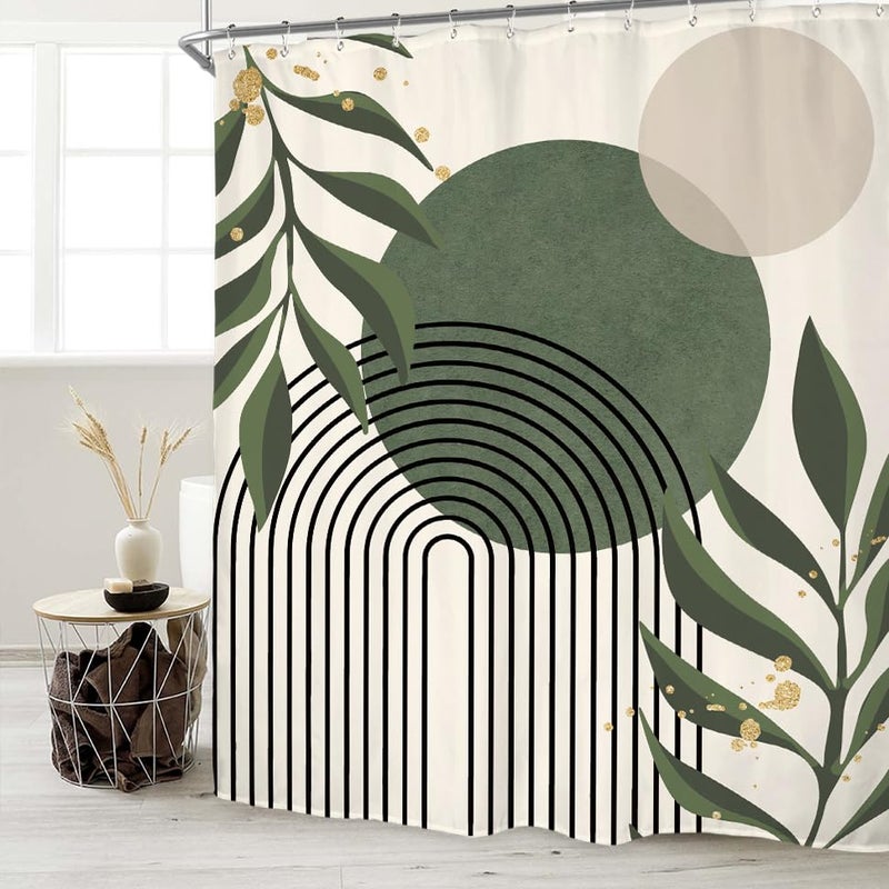 Miyotaa Abstract Sage Green Shower Curtain Set 71Wx71H Inches Minimalist Plant Aesthetic Modern Neutral Leaves Mid Century Waterproof Bathroom Curtain with 12 Hooks - Image 2