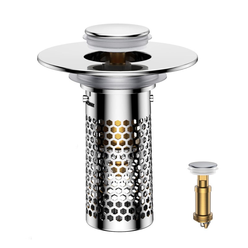 Mengine â€‹Bathroom Sink Drain Strainer,Pop-Up Sink Stopper Hair Catcher, Anti-Clog Stainless Steel Drain Filter Basket, Removable Sink Drain for Bathroom Sink Stopper Replacement (Silver-1) - Image 1