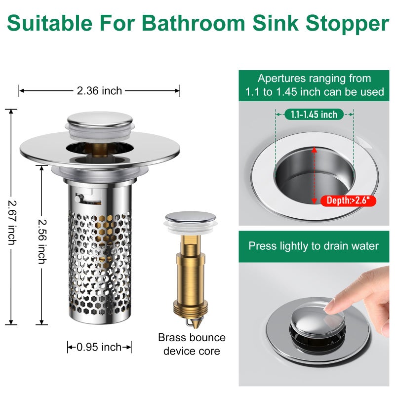 Mengine â€‹Bathroom Sink Drain Strainer,Pop-Up Sink Stopper Hair Catcher, Anti-Clog Stainless Steel Drain Filter Basket, Removable Sink Drain for Bathroom Sink Stopper Replacement (Silver-1) - Image 2