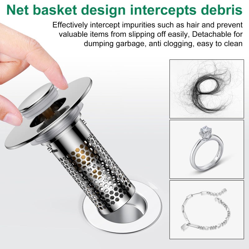 Mengine â€‹Bathroom Sink Drain Strainer,Pop-Up Sink Stopper Hair Catcher, Anti-Clog Stainless Steel Drain Filter Basket, Removable Sink Drain for Bathroom Sink Stopper Replacement (Silver-1) - Image 5