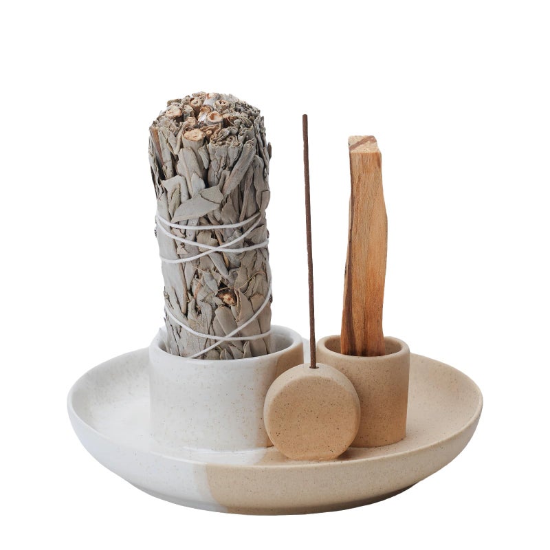 Fancy Lemon 4 in 1 Incense Holder, Ceramic Incense Stick and Palo Santo Holder,Sage Holder for Burning- 5.5" Ceramic Ash Catcher Tray for Meditation and Yoga Room (White Sand) - Image 1