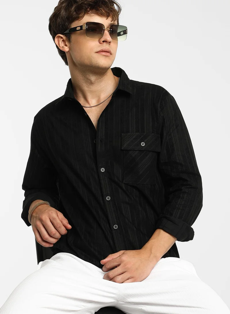 Campus Sutra Men's Midnight Black Multitrack-Striped Shirt