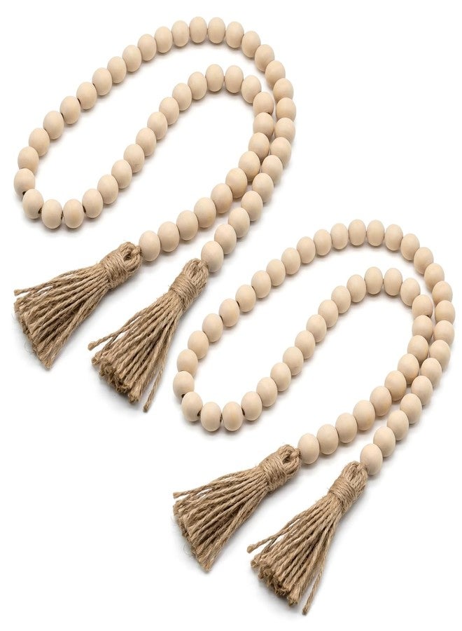 RAINFLOW Wood Bead Garland with Tassels - 2PCS Farmhouse Boho Country Decorative Beads Home Decor, Natural Color, 14mm 84 Round Beads Wall Hanging Decor 50inch - Image 1