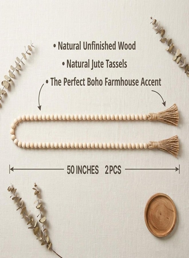 RAINFLOW Wood Bead Garland with Tassels - 2PCS Farmhouse Boho Country Decorative Beads Home Decor, Natural Color, 14mm 84 Round Beads Wall Hanging Decor 50inch - Image 2