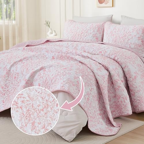 WONGS BEDDING Quilt King Size Pink Quilt Bedding Set with 2 Pillowcases Botanical Quilt for King Bed Soft Microfiber Lightweight Coverlet Bedspread for All Season 11090 3 Pieces - Image 3