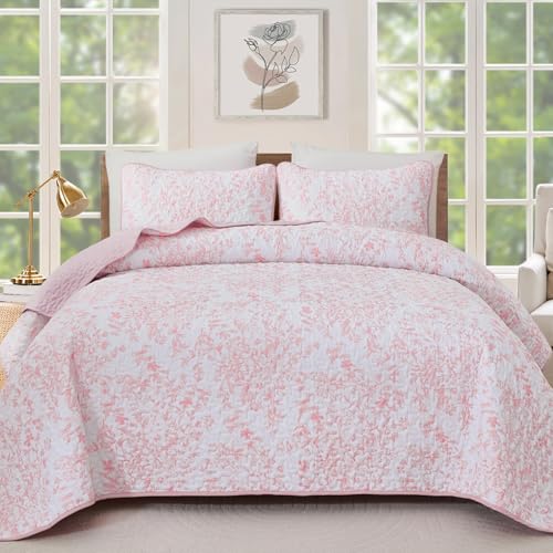 WONGS BEDDING Quilt King Size Pink Quilt Bedding Set with 2 Pillowcases Botanical Quilt for King Bed Soft Microfiber Lightweight Coverlet Bedspread for All Season 11090 3 Pieces - Image 1