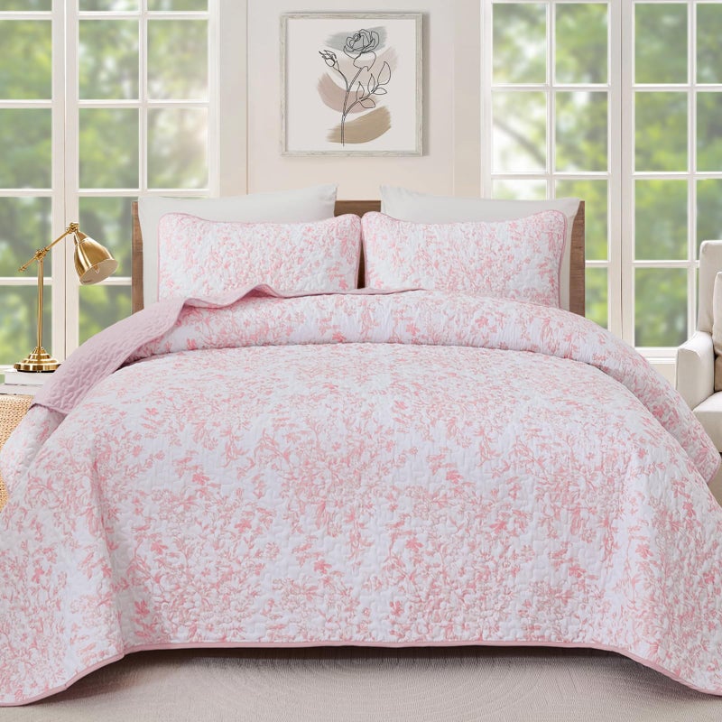 WONGS BEDDING Quilt King Size Pink Quilt Bedding Set with 2 Pillowcases Botanical Quilt for King Bed Soft Microfiber Lightweight Coverlet Bedspread for All Season 11090 3 Pieces - Image 2