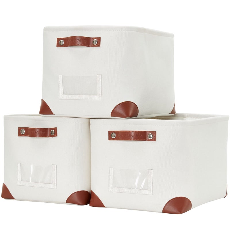DECOMOMO White Storage Bins Fabric Storage Baskets for Shelves & Linen Closet Organization (Creamy White W/ Label holder, Large - 3 Pack) - Image 1