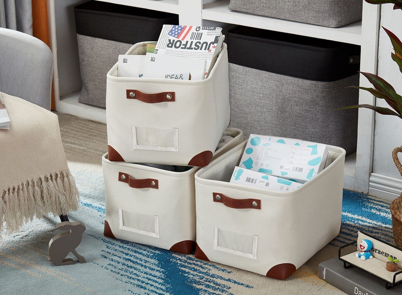 DECOMOMO White Storage Bins Fabric Storage Baskets for Shelves & Linen Closet Organization (Creamy White W/ Label holder, Large - 3 Pack) - Image 5