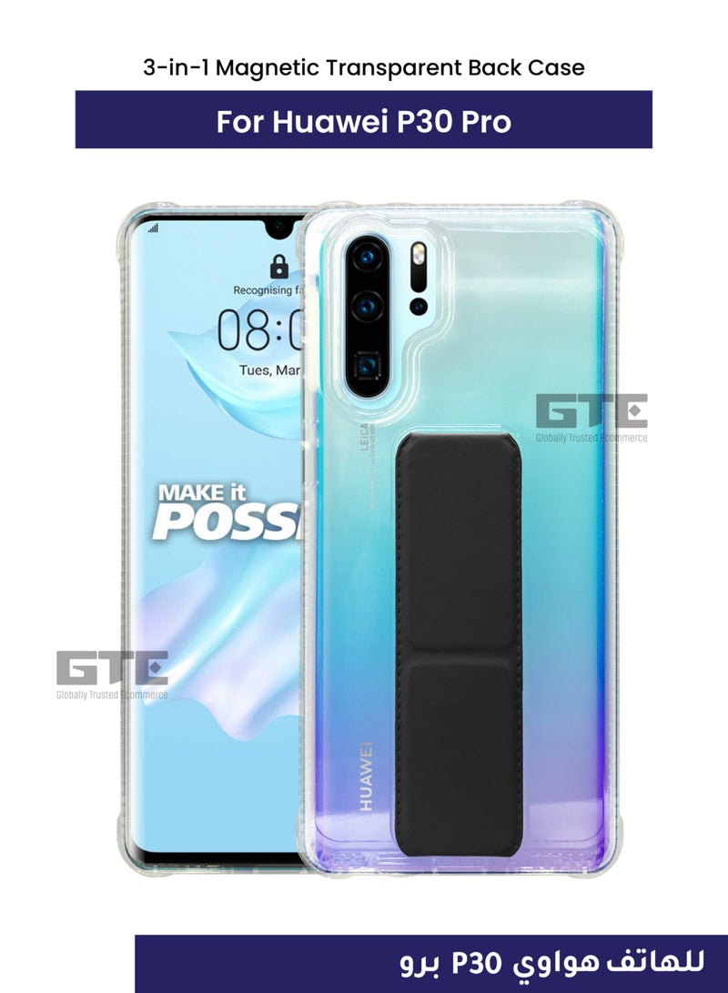 3-in-1 Magnetic Transparent Wrist Strap Hand Grip Stand Back Case Cover  for Huawei P30 Pro-Clear/Black