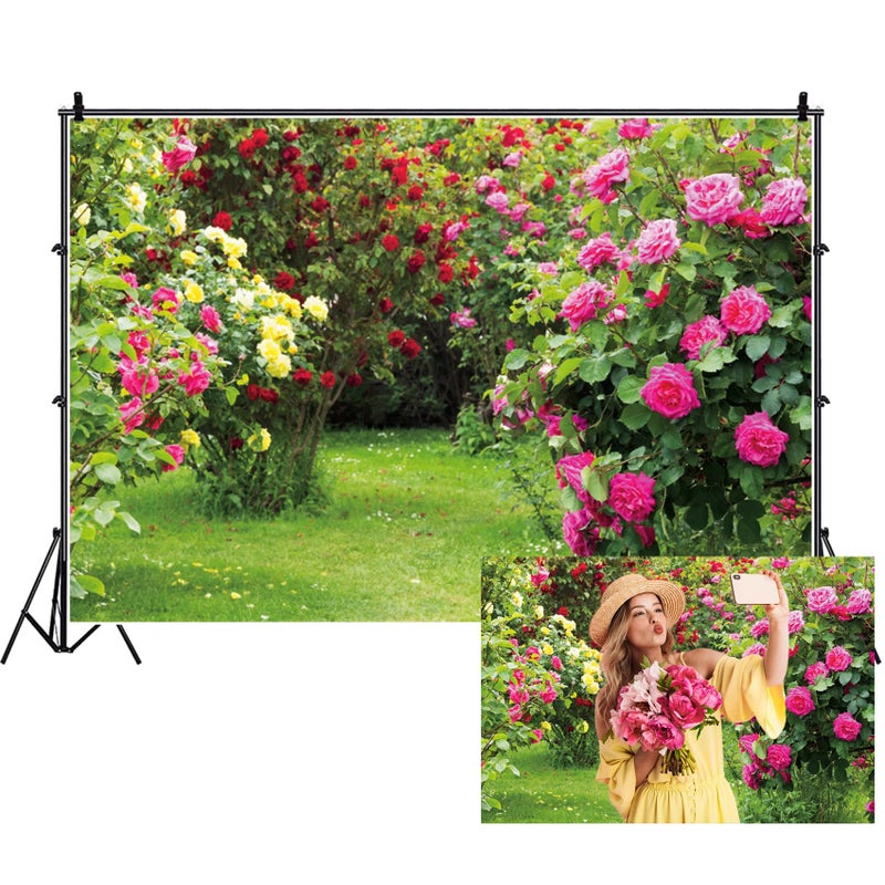 Renaiss 7x5ft Garden Floral Backdrop Red Pink Rose Flower Park Green Leaf Grass Natural Landscape Plant Photography Background for Wedding Bridal Shower Party Decor Photo Booth Props - Image 1