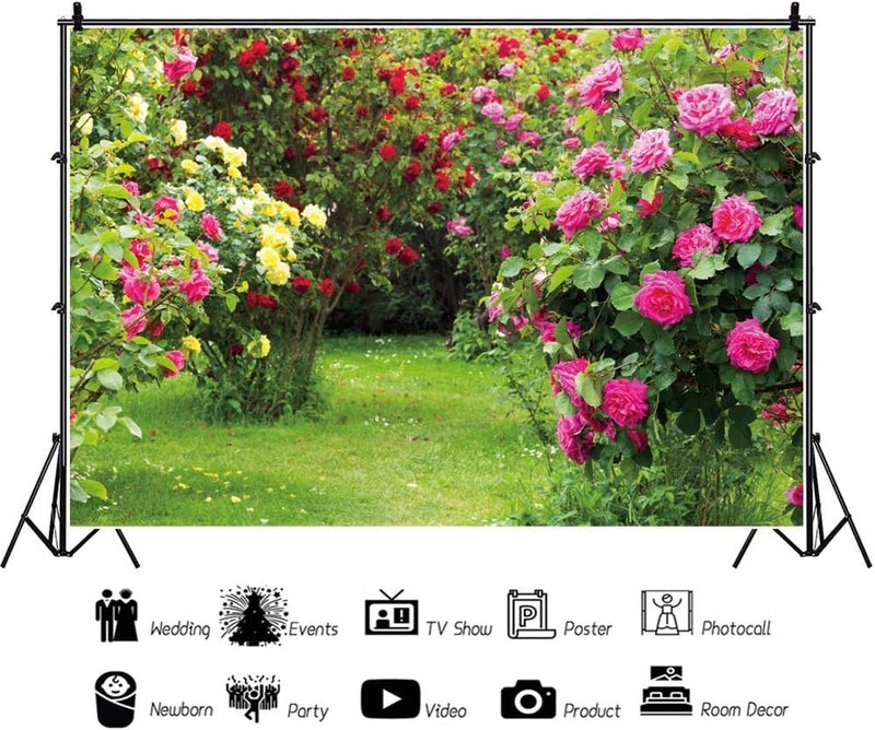 Renaiss 7x5ft Garden Floral Backdrop Red Pink Rose Flower Park Green Leaf Grass Natural Landscape Plant Photography Background for Wedding Bridal Shower Party Decor Photo Booth Props - Image 2
