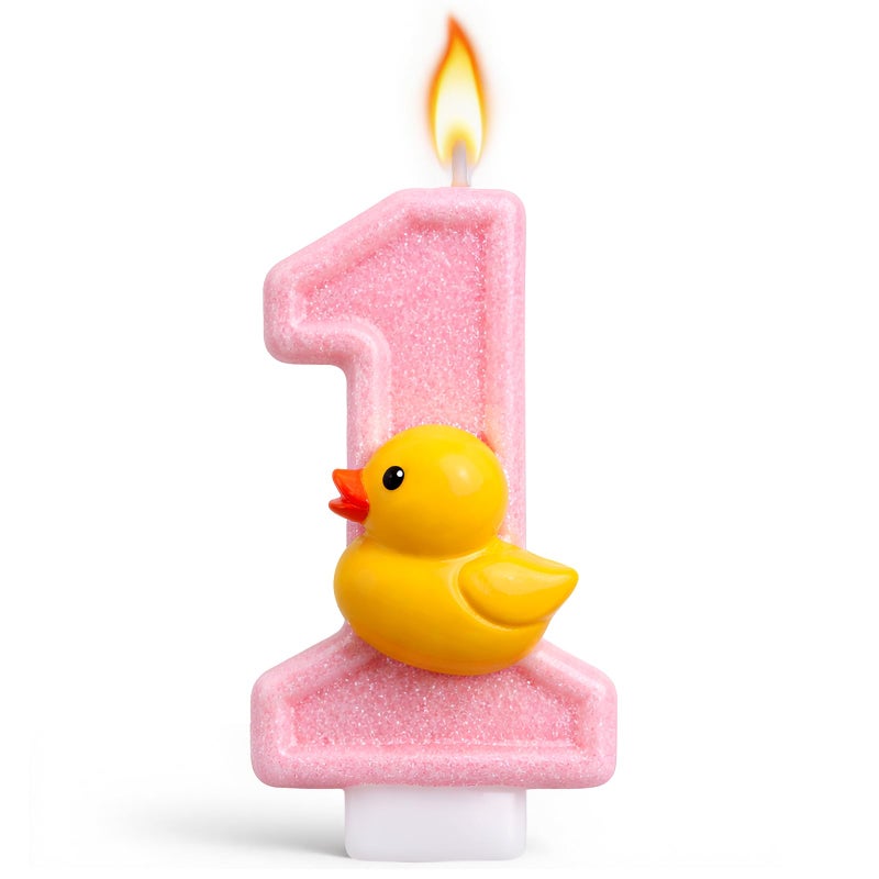 Conelist Pink Duck 1 Candle for First Birthday Pink Number 1 Candle Yellow Duck Glitter One Cake Topper for Cute 1st Party Supplies Anniversary Decorations - Image 1
