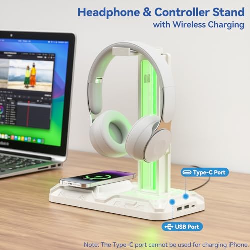 KDD RGB Headphone & Controller Stand with Wireless Charging - Rotatable Headset Stand with 9 Light Modes - Controller Holder with 2 USB and Type C Ports - for Gamers Desktop Accessories(White) - Image 2
