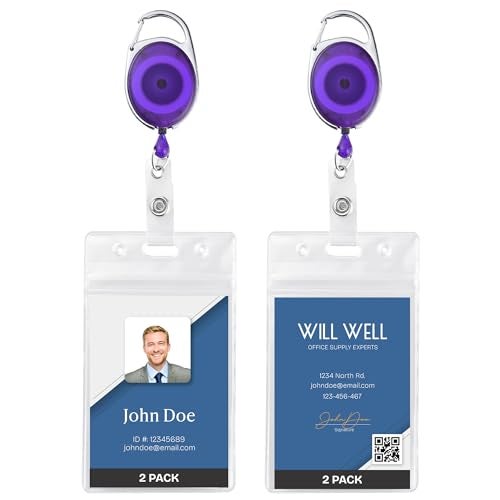 Will Well 2 Pack Id Badge Holder With Clip – Transparent Purple Badge Reels with Id Sleeves Set – Clear Id Card Holder Retractable – Vertical Lanyard ID Holder with Badge Reel – Badge Holders with 24" Pull Cord - Image 1