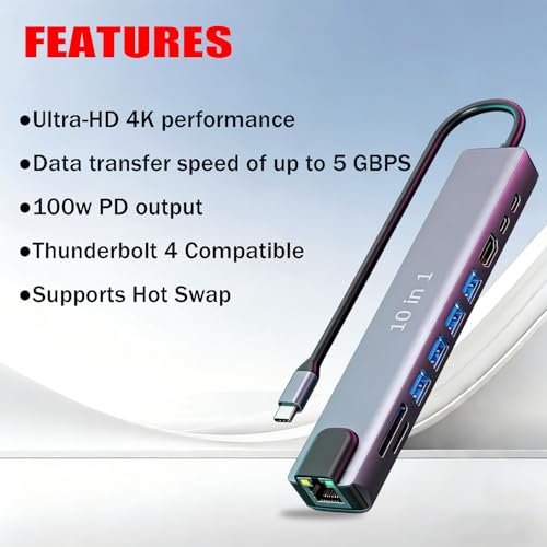 COMFYHOME 10 in 1Multiport Type C Hub/Docking Station Adapter with 4K HDMI & RJ45 Ethernet, USB 3.0, 5Gbps High Speed Data Transfer, 100W PD SD/TF Card Reader, Hub Extension Dongle for Laptop/Mac/ipad - Image 3
