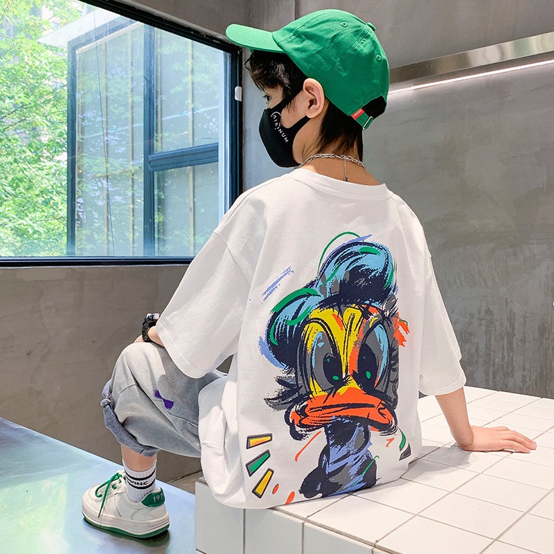 Summer Boys' Cool And Stylish 2026 New Short-Sleeve T-Shirt, Pure Cotton, Trendy For Older Children, Fashionable Boy Street Style Internet Celebrity T-Shirt - Image 3