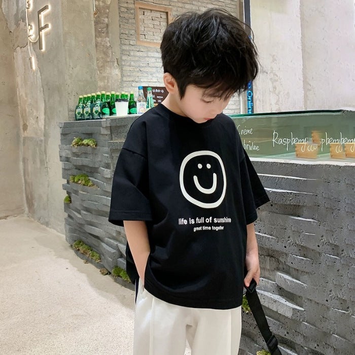Summer Boys' Cool And Stylish 2026 New Short-Sleeve T-Shirt, Pure Cotton, Trendy For Older Children, Fashionable Boy Street Style Internet Celebrity T-Shirt - Image 1