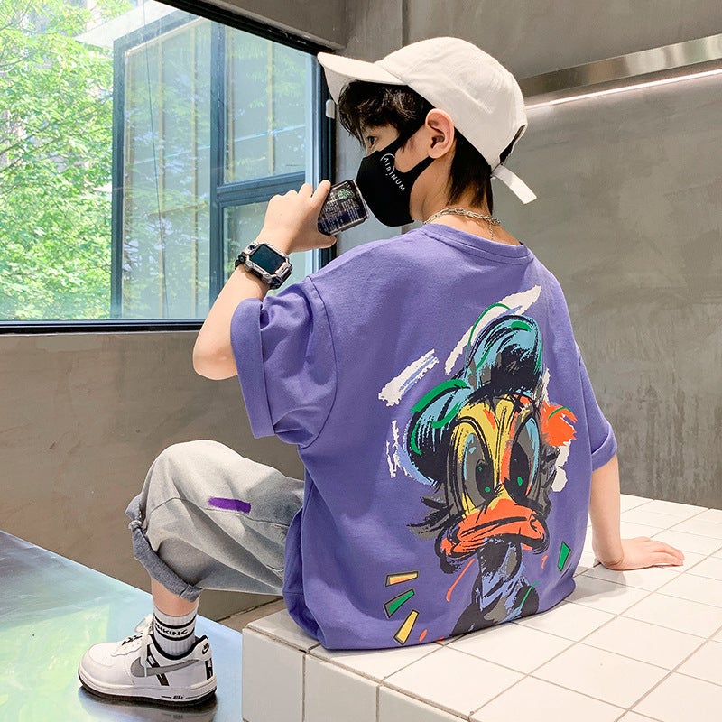 Summer Boys' Cool And Stylish 2026 New Short-Sleeve T-Shirt, Pure Cotton, Trendy For Older Children, Fashionable Boy Street Style Internet Celebrity T-Shirt - Image 2